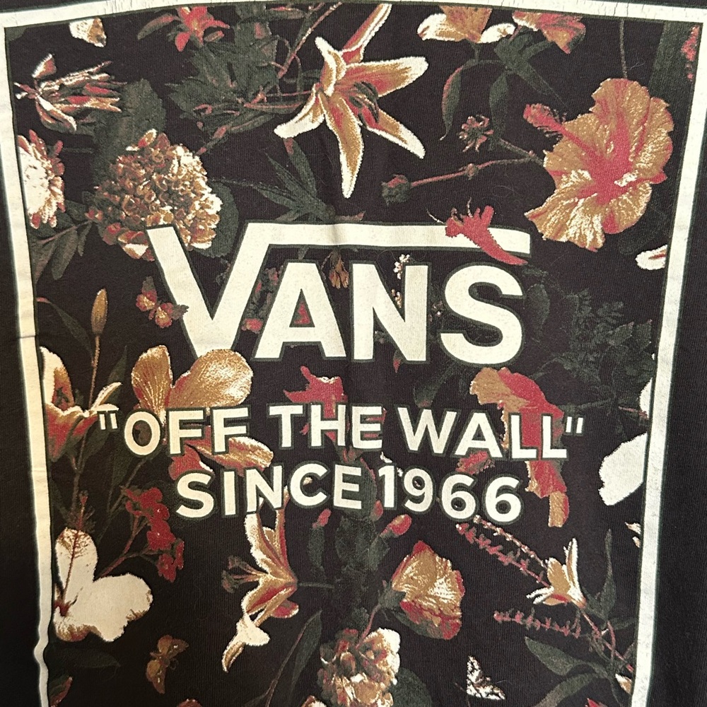 Vans Black Long Sleeve Tee with White Logo and Floral Accents size M